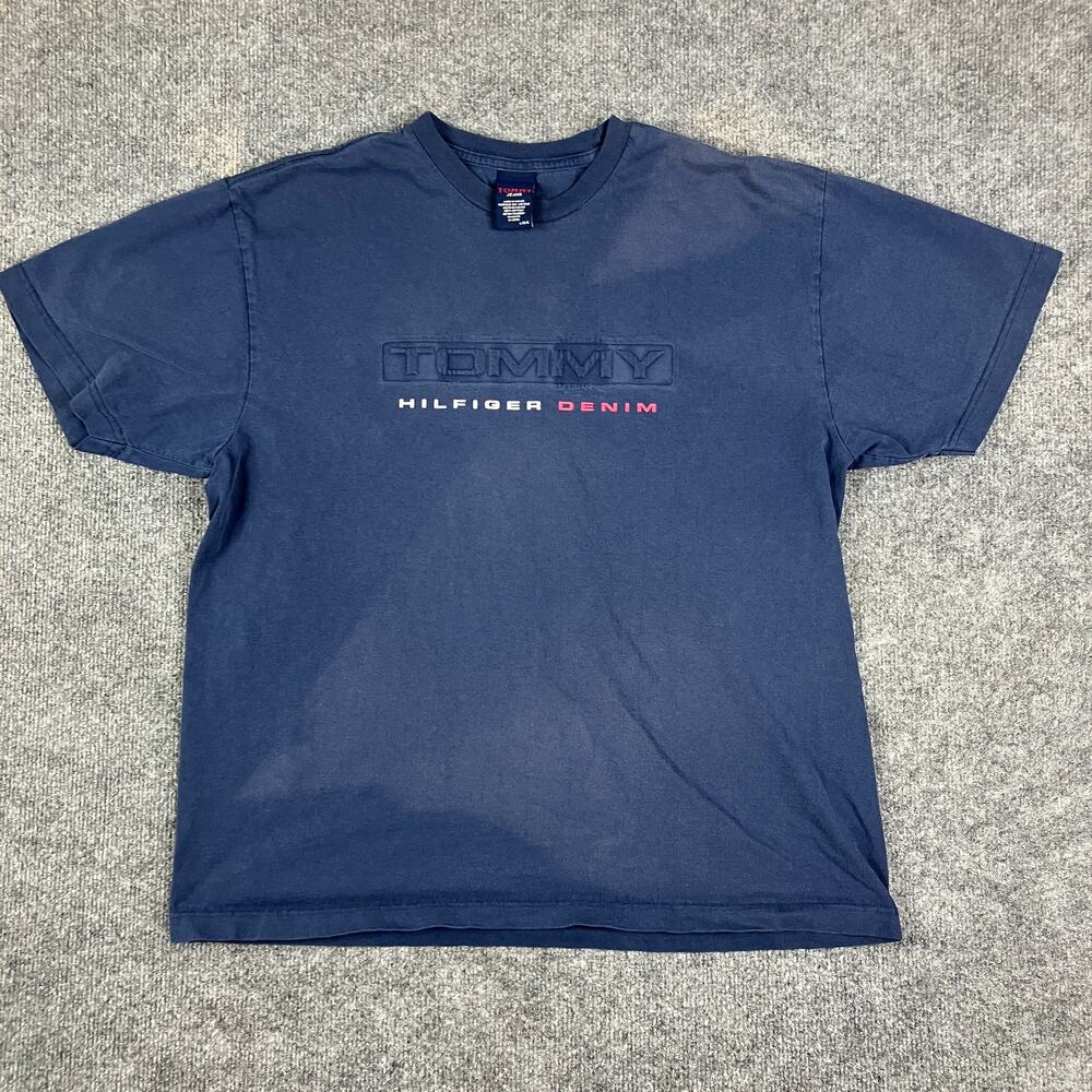 Tommy Hilfiger T-Shirt‎ Mens L Blue Denim Logo Embroidered Vintage